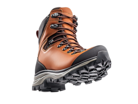 Professional grade trekking boots with aggressive tread pattern, reinforced toe cap, speed lacing hooks, and supportive ankle design, white background