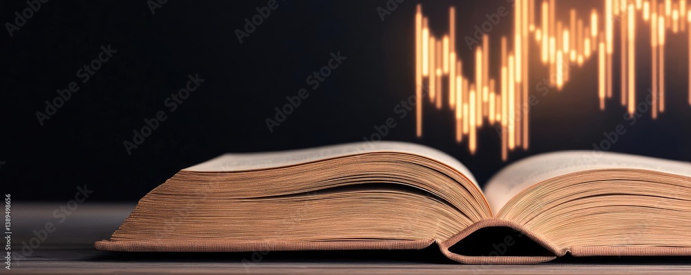 Poster open book revealing vertical digital lights chart in stock market concept. an open book with a risin