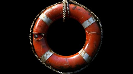 Vintage Red and White Lifebuoy with Rope on Black Background