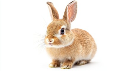 Obraz premium Rabbit with long ears on white background, looking directly into the camera. Suitable for children's books, advertising of animal products.