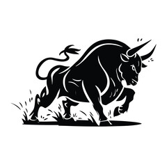 Charging Bull Silhouette Logo – Powerful Aggressive Bull Vector Illustration in Black and White, Symbol of Strength, Finance, Sports, and Energy Branding