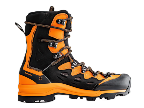 Professional grade trekking boots with aggressive tread pattern, reinforced toe cap, speed lacing hooks, and supportive ankle design, white background