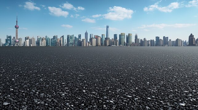 Distant city skyline sits beyond a vast expanse of pavement