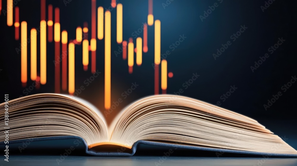 Aufkleber open book revealing vertical digital lights chart in stock market concept. an open book displaying d