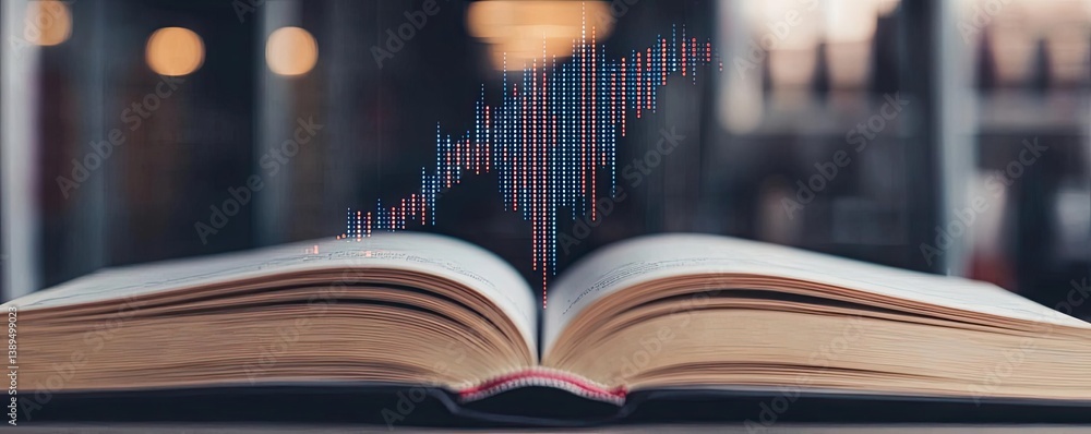 Poster open book revealing vertical digital lights chart in stock market concept. an open book with abstrac