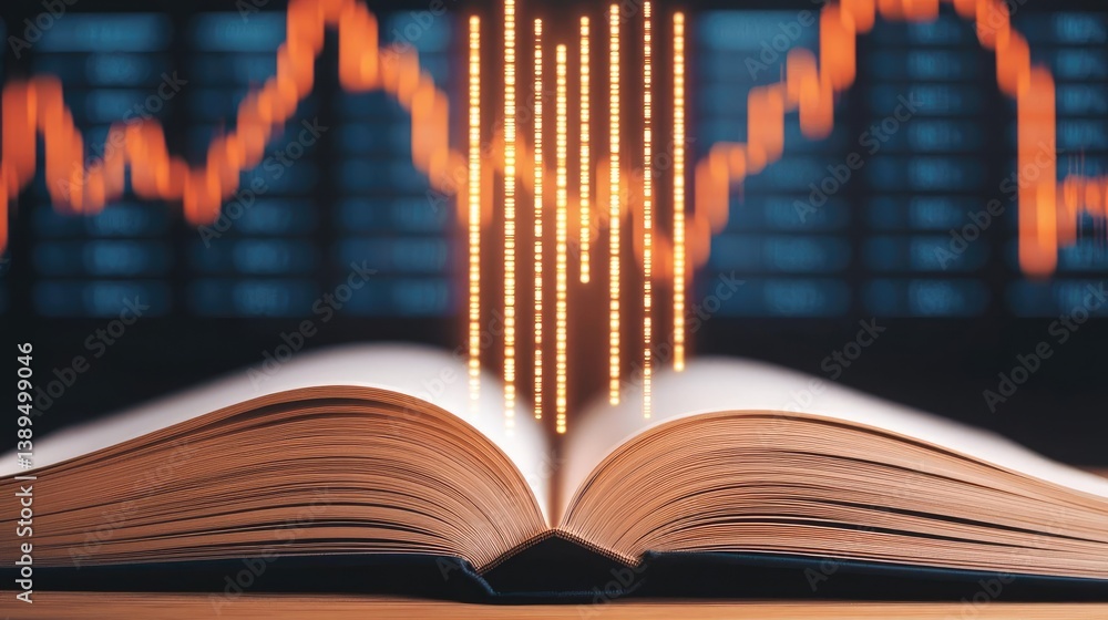 Poster open book revealing vertical digital lights chart in stock market concept. an open book with digital