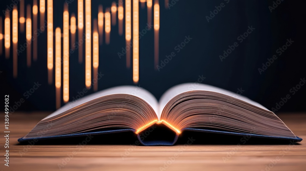 Poster open book revealing vertical digital lights chart in stock market concept. an open book with glowing