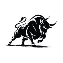 Charging Bull Silhouette Logo – Powerful Aggressive Bull Vector Illustration in Black and White, Symbol of Strength, Finance, Sports, and Energy Branding
