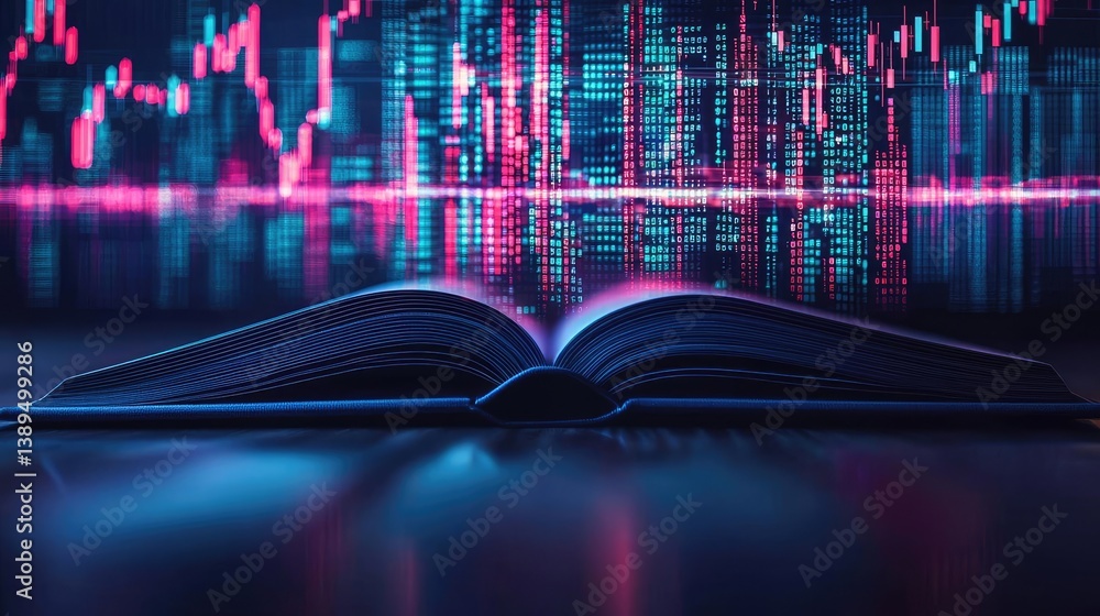 Poster open book with contemporary vertical digital lights stock chart concept. open book with digital data
