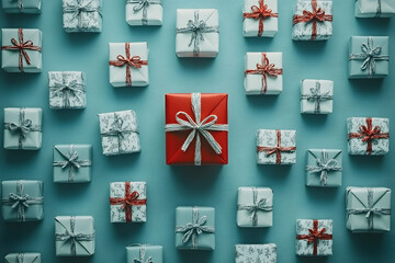 Set of various wrapped gifts on turquoise background, representing celebration, holidays, and giving.