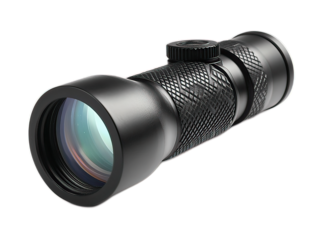 Tactical monocular scope with rubberized grip texture, focus ring, and eyecup extended, showing high-quality glass lens, white background