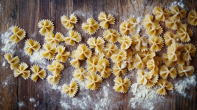 Artistic farfalle arrangement with flour dusting on vintage wood surface