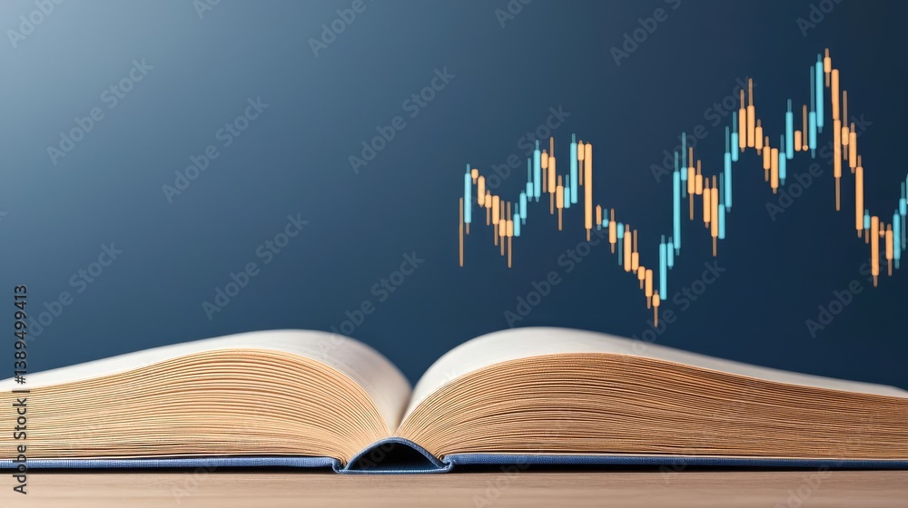 Poster open book with contemporary vertical digital lights stock chart concept. an open book with a financi