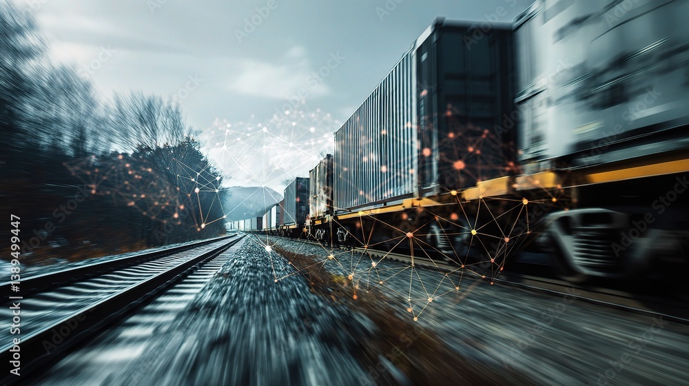 Poster speeding freight train in motion with double exposure effect