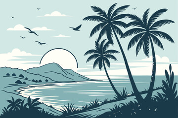95 Tropical beach sunset, silhouette palm trees, calm ocean, large setting sun, distant island, blue sky, wispy clouds, coastal landscape, vector art style, minimalist design, tranquil atmosphere, tur