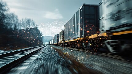 Obraz premium Speeding Freight Train in Motion with Double Exposure Effect