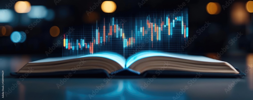Poster open book revealing vertical digital lights chart in stock market concept. an open book with a digit