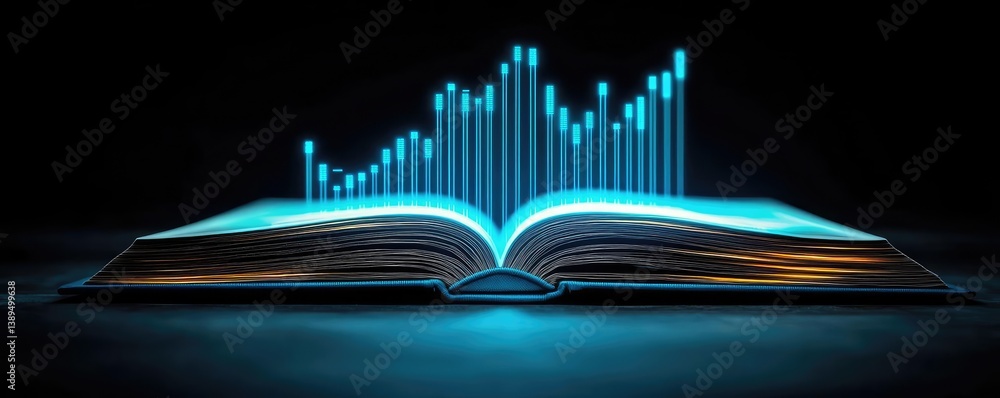 Poster open book revealing vertical digital lights chart in stock market concept. an illuminated book with 