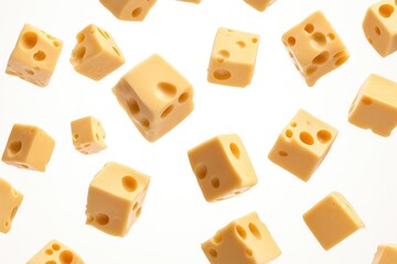 Floating Cubes of Swiss Cheese on a White Background Delicious Concept