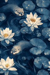 Seamless pattern with otters swimming among water lilies in a blue pond