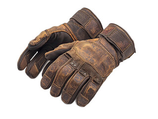 Weathered leather gloves with reinforced palms and adjustable wrist straps, designed for climbing and outdoor adventure, white background
