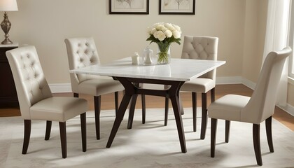 Fototapeta premium A high-angle, medium shot showcases a square dining table set with four chairs in a well-lit interior