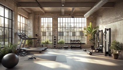 Urban loft gym with exposed beams, minimalist workout space, hightech fitness gear, and large, open windows creating a bright and energizing atmosphere