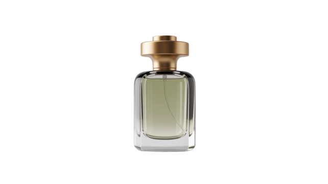 Elegant glass perfume bottle displaying a delicate fragrance with a gold cap in an artistic layout