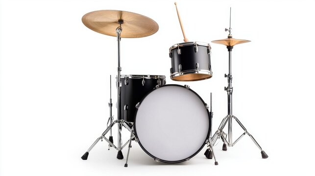 Classic Black Drum Set with Cymbals and Sticks on White Background