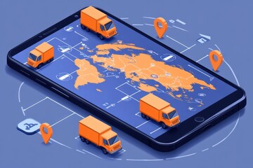 An isometric 3D illustration showing a smartphone displaying a world map, with multiple delivery trucks and route markers.