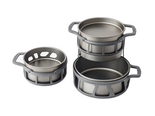 Ultralight titanium camping cookset with pot, pan, and collapsible handles, nesting design partially disassembled, white background