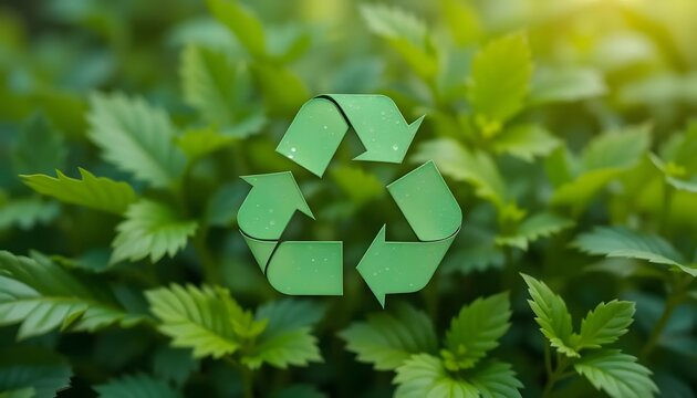 A vibrant green recycling symbol nestled amongst lush leaves, symbolizing the beauty of nature's renewal and our commitment to a sustainable future with a soft focus background.