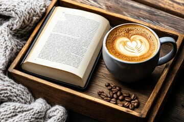A cozy morning routine with a cup of coffee, a book, and a soft blanket