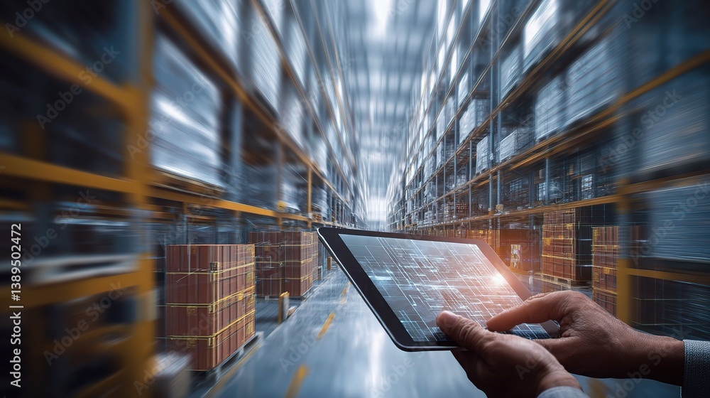 Poster double exposure image of global warehouse system with technology interface