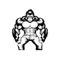 Muscular Anthropomorphic Gorilla Bodybuilder in Jeans – Fierce Cartoon Beast Character Drawing for Fitness, Gym, or Mascot Design