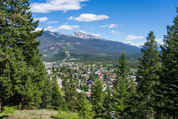 Summer overlook of Jasper Town nestled in the Canadian Rockies. Alberta, Canada.