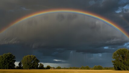  A rainbow arching across the sky after a summer rain shower.