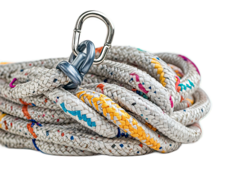 Technical climbing rope coiled professionally with colored indicator markings, slight fraying showing authentic use, carabiner attached, white background
