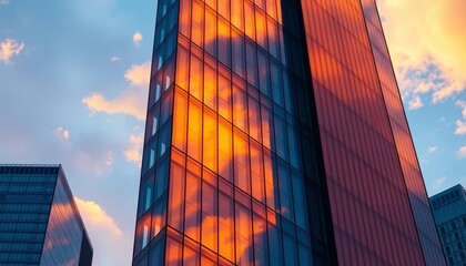 Sleek glass skyscraper reflecting vibrant sunset, facade, sky