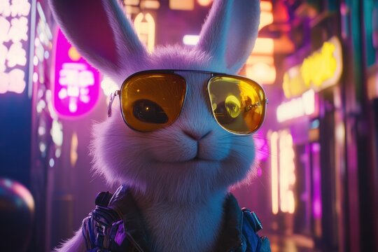 Benny, the charismatic rabbit, posing in front of a neon-lit cityscape, his cool yellow shades reflecting the vibrant lights."