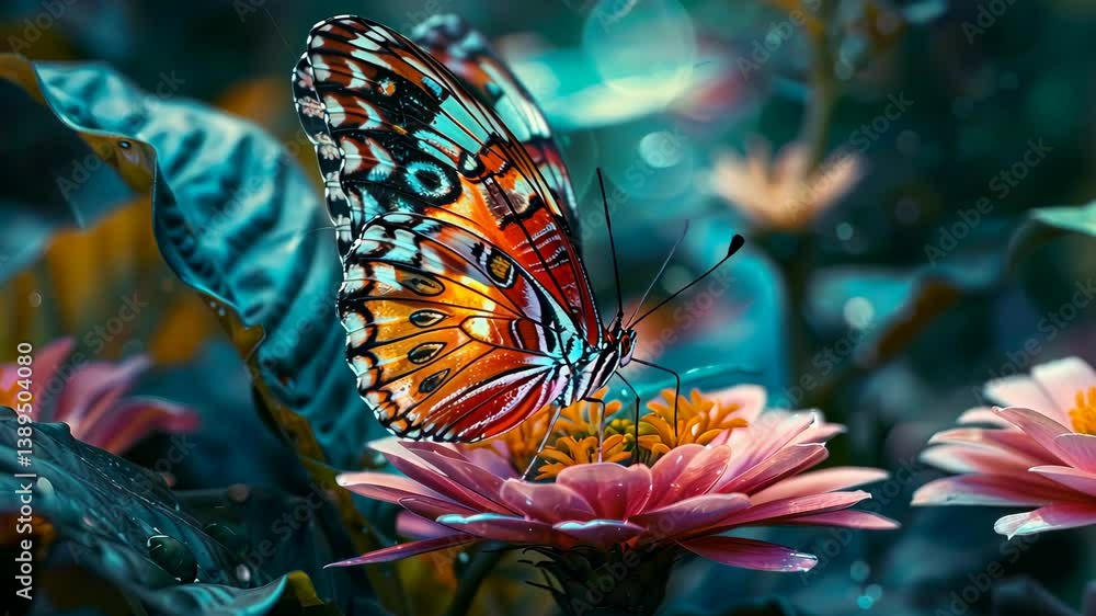 Poster close-up of a butterfly perched on a flower, its wings displaying intricate patterns and vibrant col