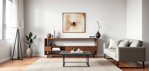Sleek console table with minimalist decor in modern living room, wood, art
