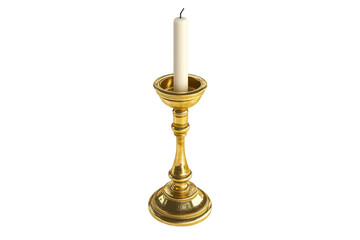 Elegant gold candlestick holding a white candle simple design bright studio lighting clean