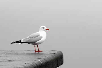 White Seagull Perched on Dark Rock in Foggy Coastal Scene