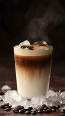 Iced latte in glass with ice. Cold summer drink with coffee. Coopy space.