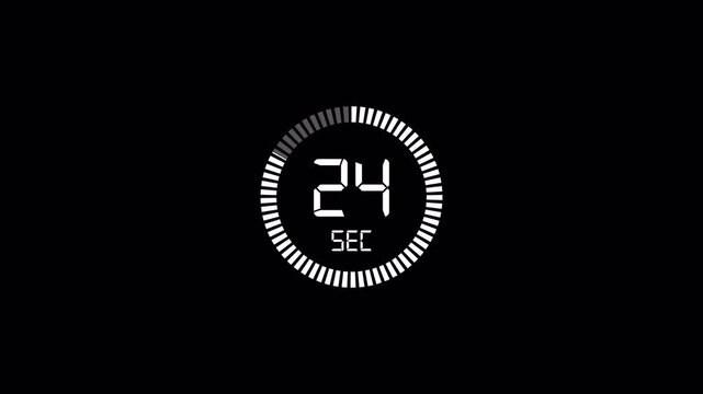 30 second countdown timer animation from 30 to 0 on a transparent background, countdown timer with alpha channel in 4k. 	
