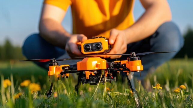 A person examines a small orange robotic device in a field, symbolizing technological innovation in environmental restoration and pollination efforts.