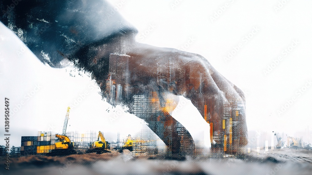 Poster double exposure of engineer's hands with construction background