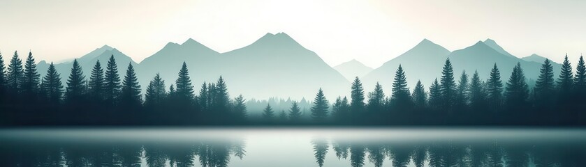 Serene mountain landscape reflecting in calm water, shrouded in mist, evoking tranquility and natural beauty.