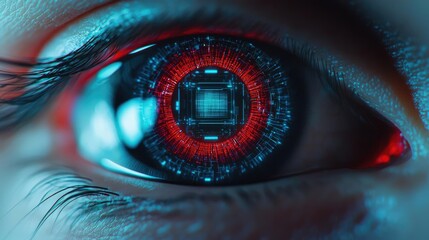 Close-up human eye merging with artificial biotechnology concept. A futuristic eye reflecting advanced technology and digital interface.